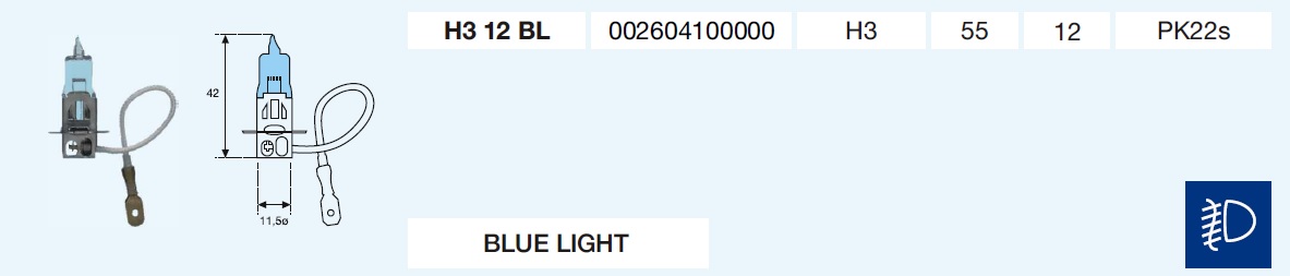 H3 BLUE LIGHT 12/55-PK22s